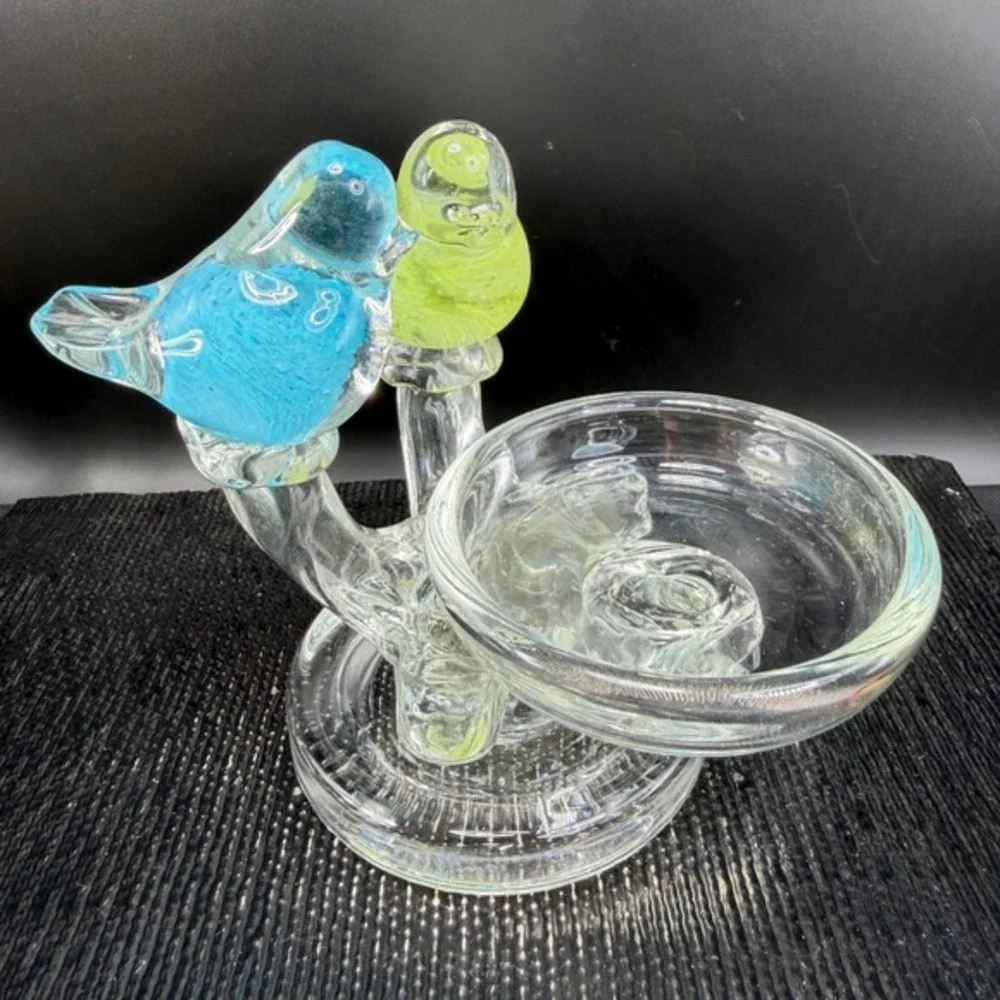 Glass Two Birds Figurine Candle Holder Trinket Dish Blue Green Controlled Bubble